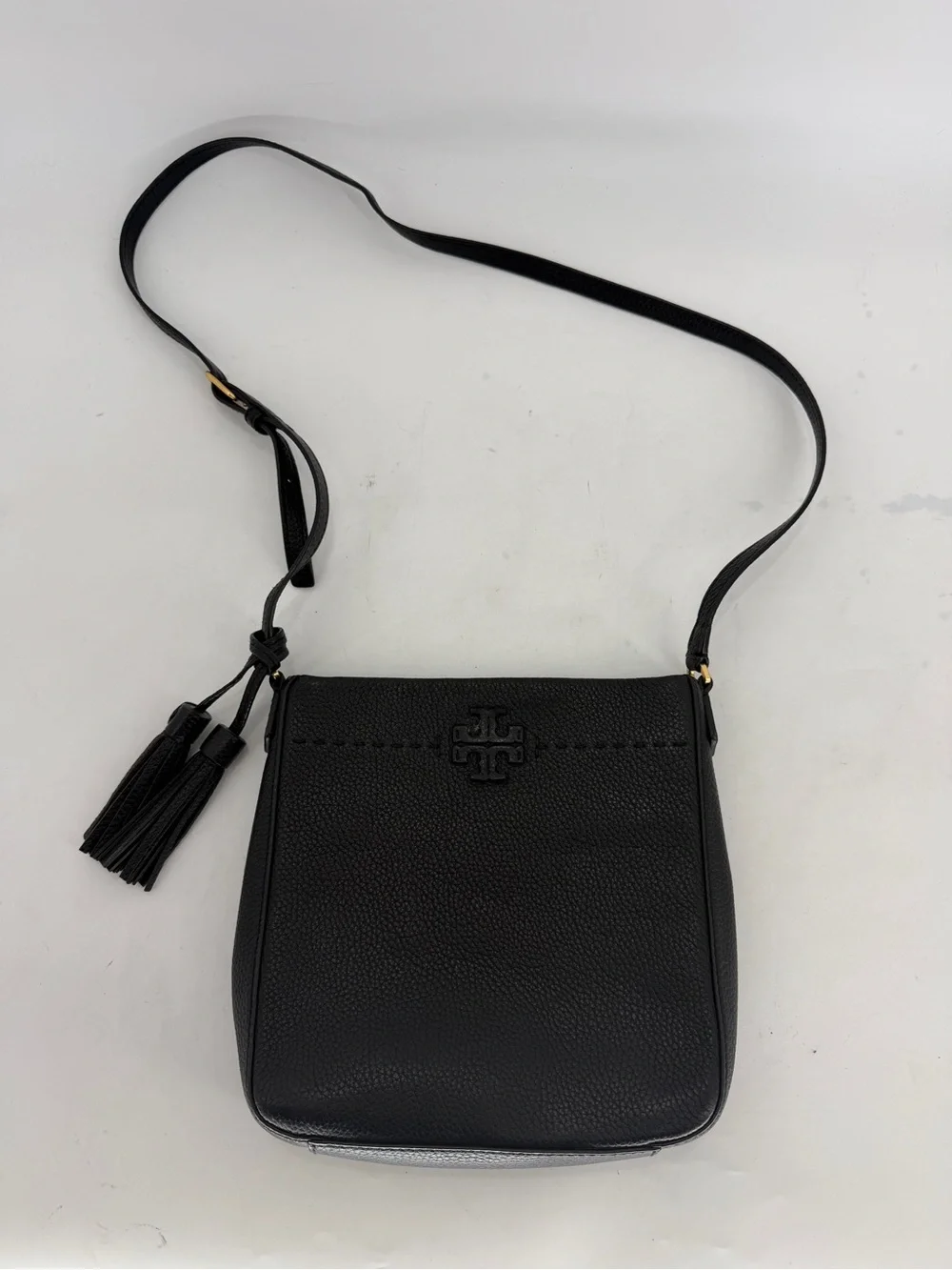 Tory Burch Black Leather Swingpack Crossbody with Tassel